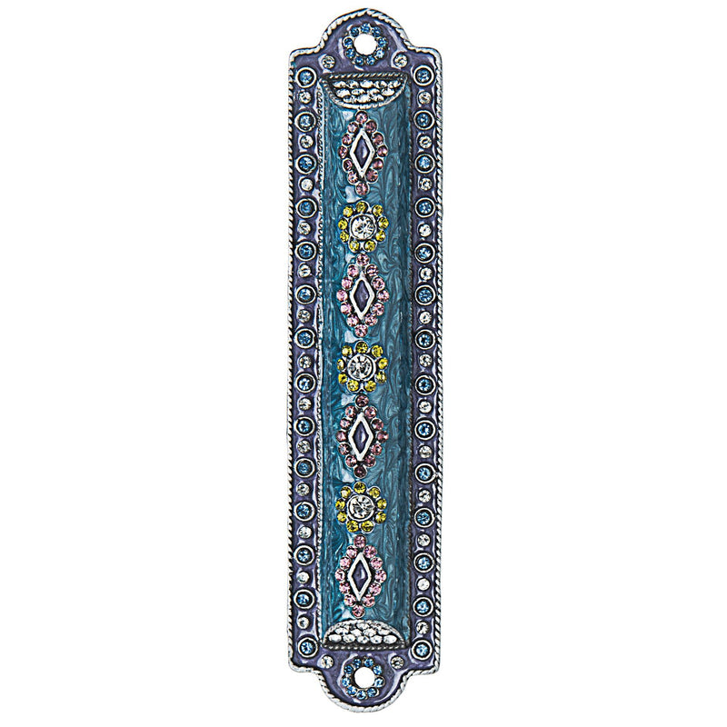 Jeweled Enamel Mezuzah 5" Blue with Multicolored Swarovski stones $55.00 Kosher Parchment included
