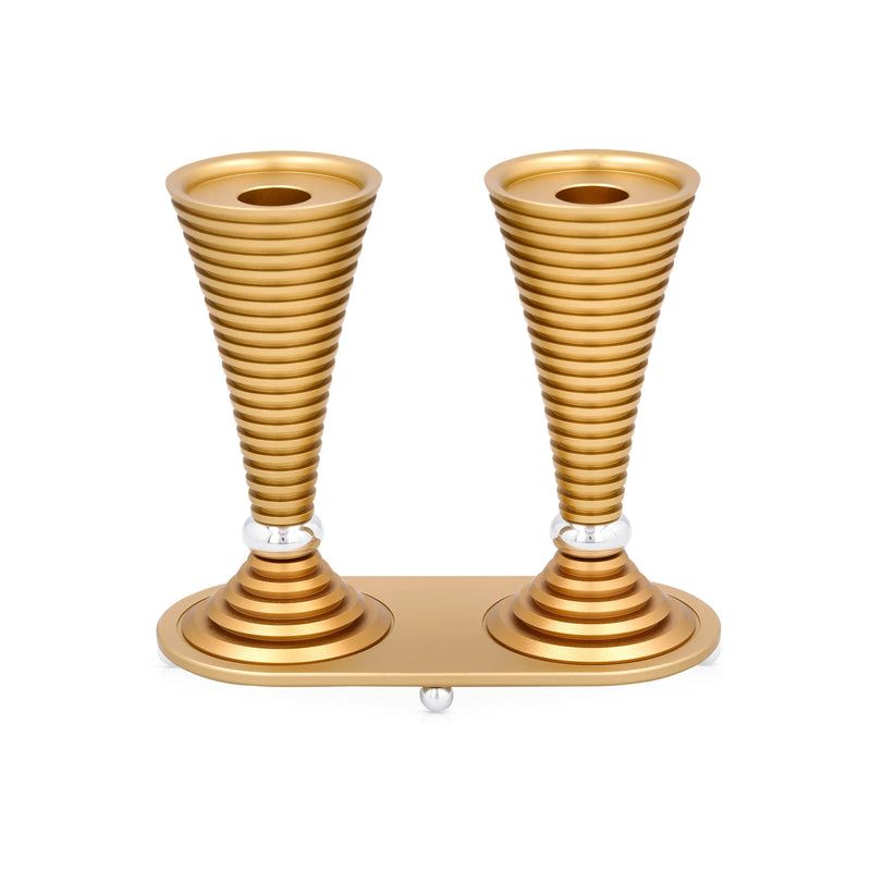 Anodized Aluminum Round Shabbat Candlesticks Grooved Design in Gold Made by Benjamin Akilov, Israel