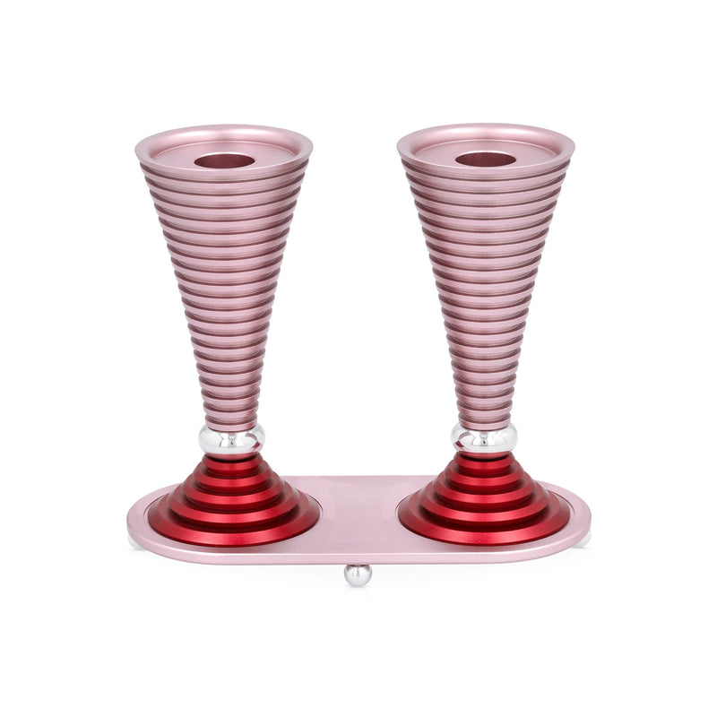 Anodized Aluminum Round Shabbat Candlesticks Grooved Design in Pink Made by Benjamin Akilov, Israel