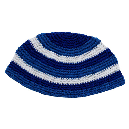 Multicolor Frik Kippah Crochet Yarmulke  With White, Blue And Light Blue Striped Design 9.45"