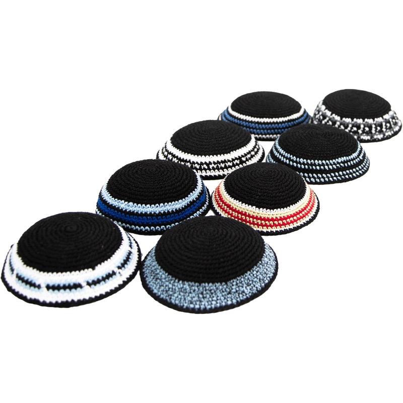 Crochet Kippah Black Center  Knit Yarmulke 7" Design may vary