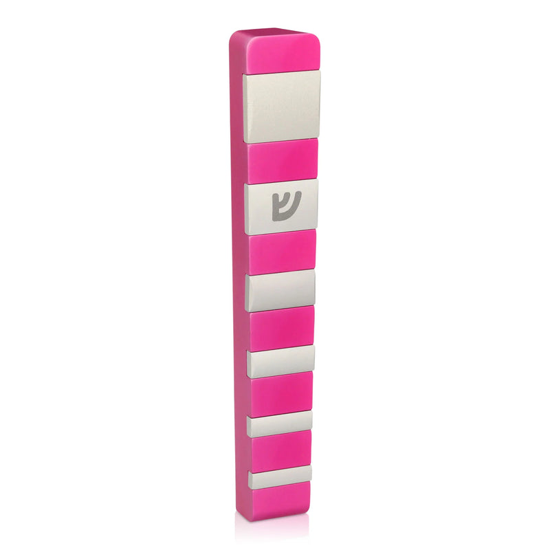 Anodized Aluminum Designer Mezuzah Inlaid Hot Pink & Silver Kosher $55 Parchment included