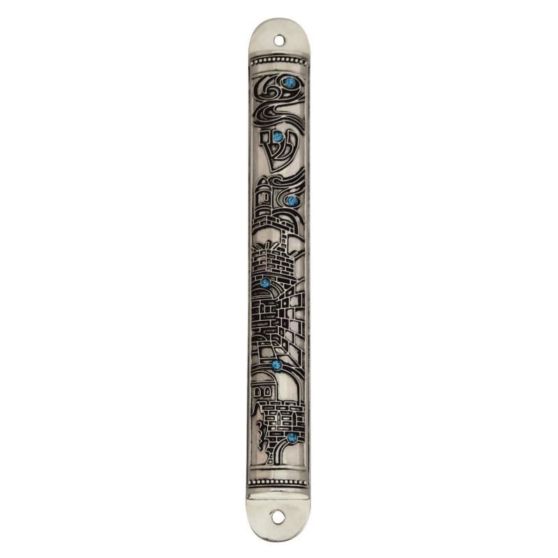Jerusalem Design  Nickel MezuzahBlue Swarovski Stones mezuzah Kosher Parchment included