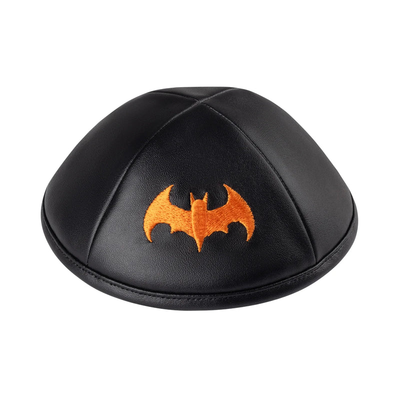 BIBAS BATMAN Kippah - BLACK LEATHER Orange Embroidery YARMULKE