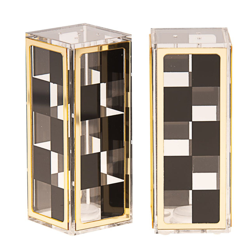 Salt and Pepper Shakers Chess Design Black & Clear Lucite with Gold