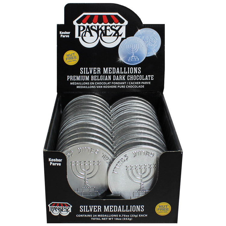 Nut-Free Parve Chocolate Silver Medallion Large Coin 3" Diameter Chanukah Gelt  Nut free box of 24