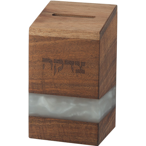 Wooden  Charity Tzedakah Box with White Epoxy Decoration