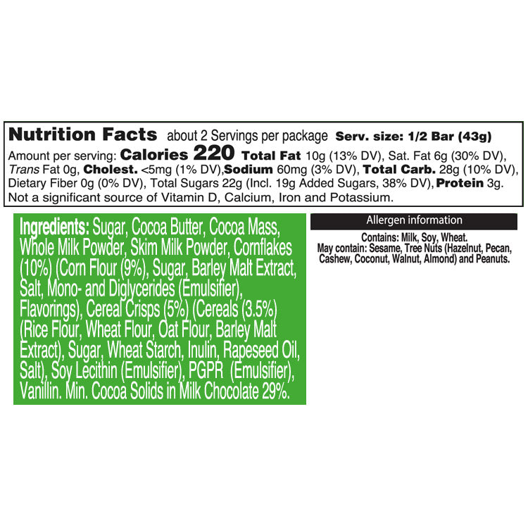 Klik XL Cornflakes Bars MIlk Chocolate wit Cornflakes and Cereal Crisps 3oz Chalav Israel