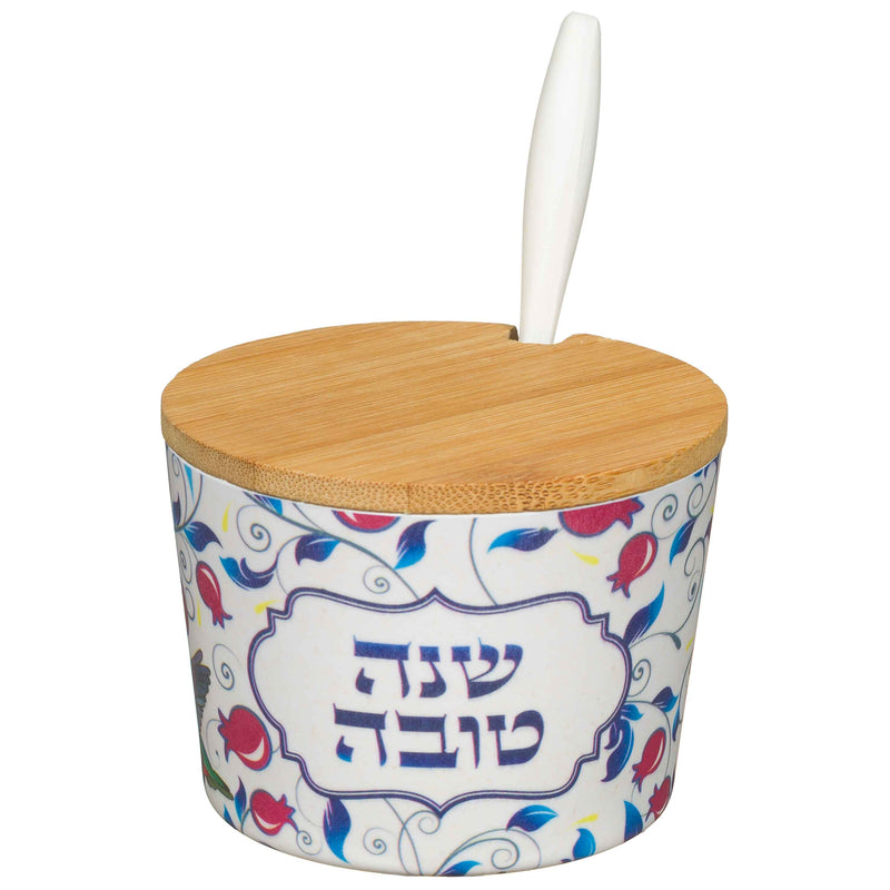 Bamboo Honey Dish Shana Tovah Floral / Pomegranates Design With Spoon