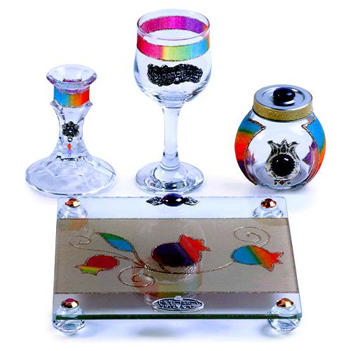 Rainbow Tulips Decoupage Artistic Glass Havdalah set of 4 Made in Israel by Lily's Art