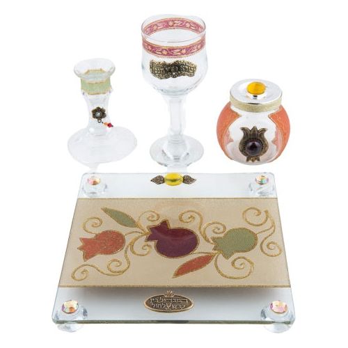 Pomegranates Decoupage Art Glass & Crystals Havdalah Set of 4 Made in Israel by Lily Art