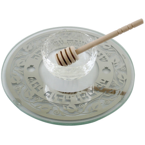 Crystal Honey Dish Rosh HaShana Plate with Pomegranate Themed Plaque