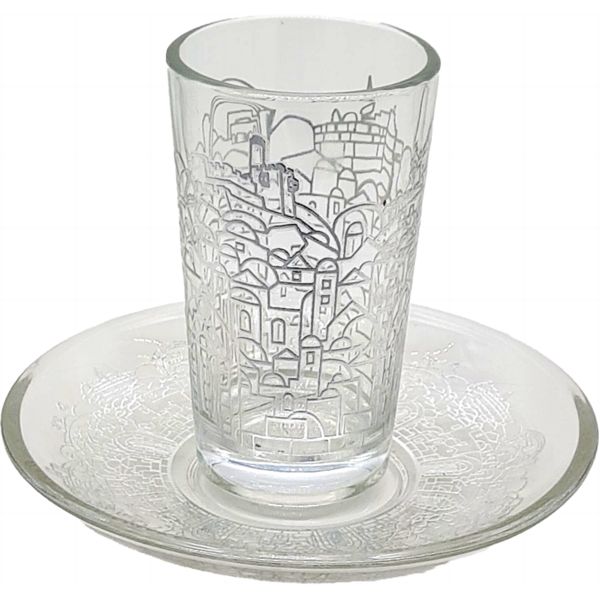 Contemporary Glass Kiddush Cup / Becher with Tray Silver Jerusalem Design