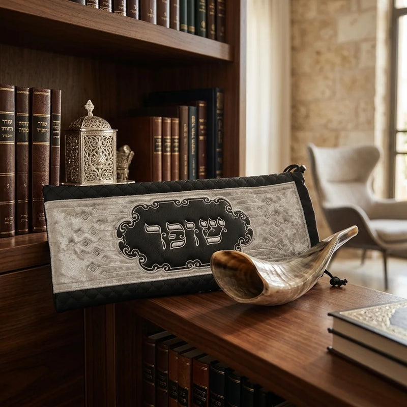 Leatherette Shofar Bag Black with Embroidery Contemporary Design