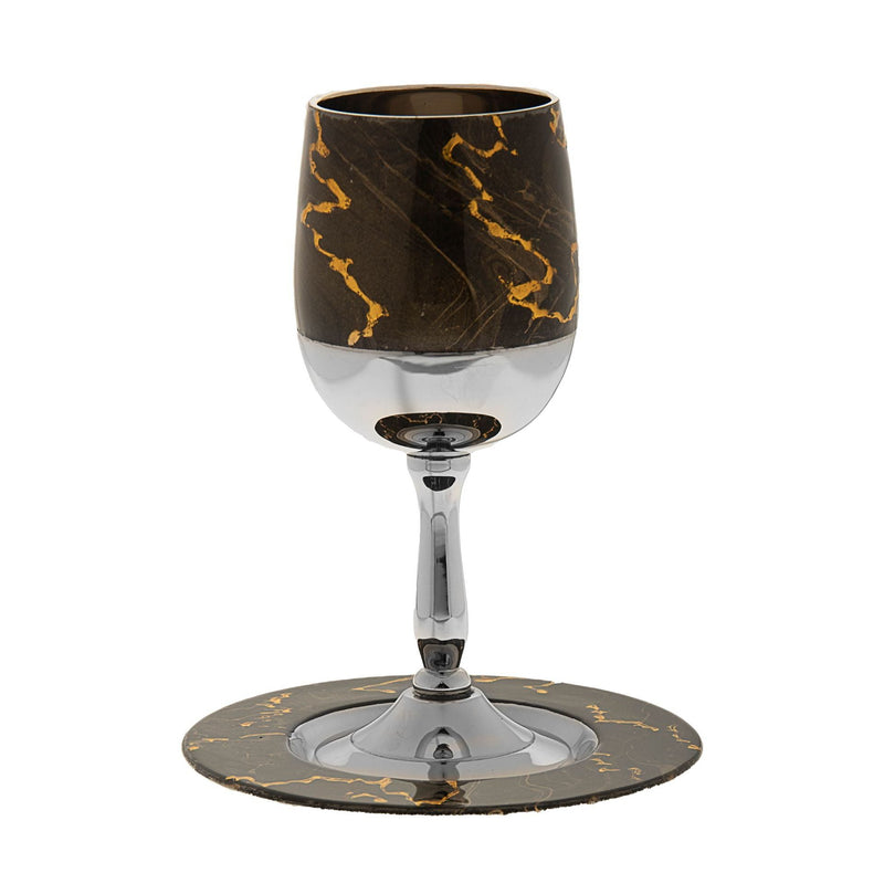 Enameled Stainless Steal Kiddush Cup Goblet Brown with Gold Flares with Tray / Plate