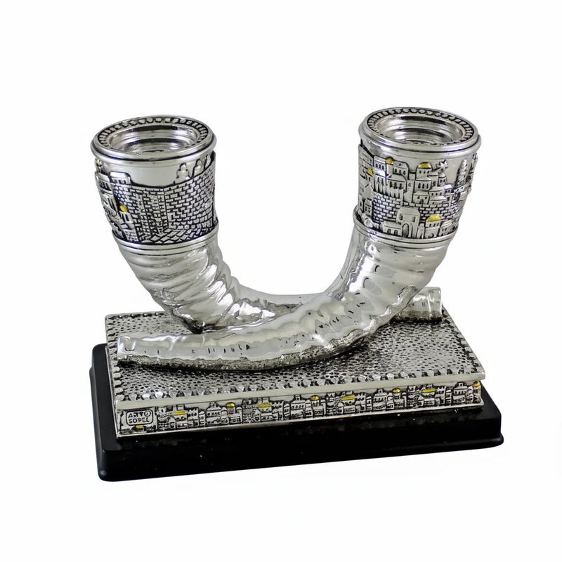 Elegant Silvered Polymer Shofars Formed Candlesticks Jerusalem Design with Gold Accents