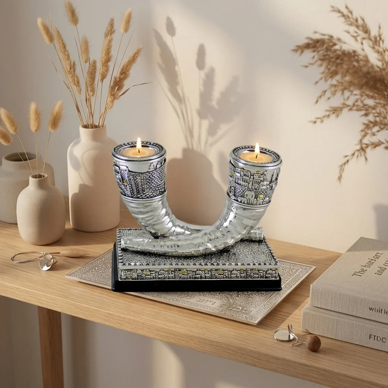 Elegant Silvered Polymer Shofars Formed Candlesticks Jerusalem Design with Gold Accents