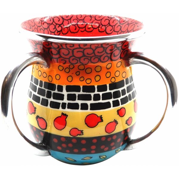 Designer Hand Painted Washcup with Pomegranates in Burgundy by Hadarya Made in Israel