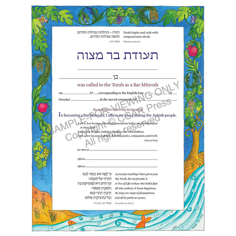 CCAR Press Teudat Bar Mitzvah Certificate Illuminated Artwork by Rabbi Me'urah