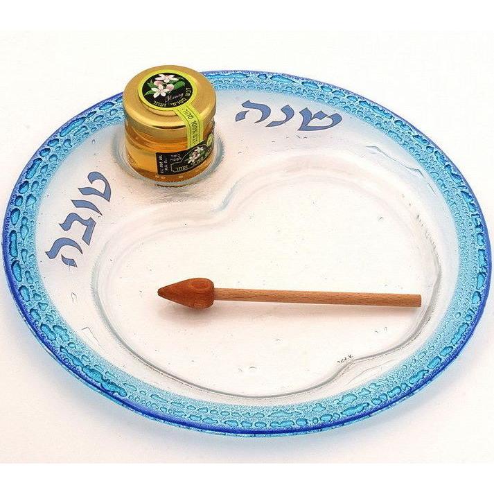 Art Glass Honey Dish Shana Tova Made in Israel By Etai Mager Available in Purple and Blue / Green