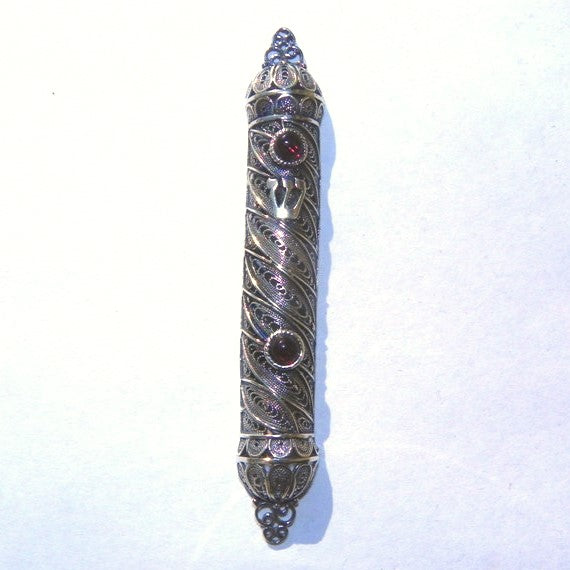 925 Sterling Silver Yemenite Filigree Lapis Lazuli / Garnet Mezuzah 3.75" Kosher Parchment included