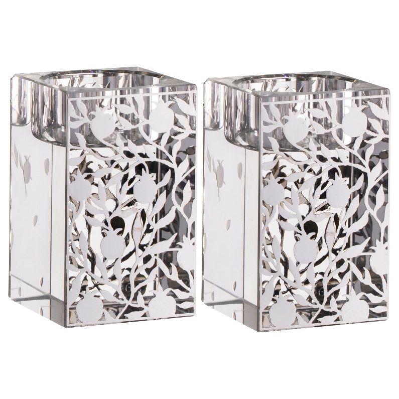 Art Glass Candlesticks / Candleholders "Silver Pomegranates" 3" x2" x 2" Schonfeld Collection