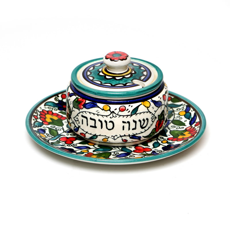 Armenian Ceramics Floral Design Honey & Apples Rosh Hashana Set in Teal Hand Made in Israel