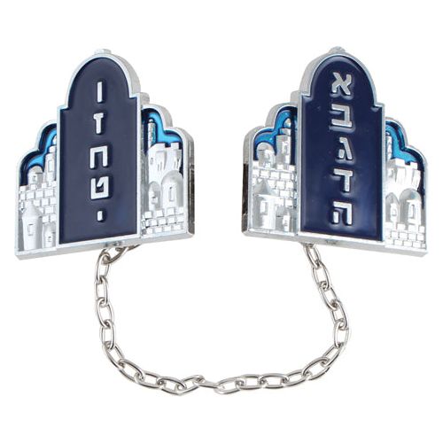 Blue Enamel Nickel Tallit Clips "Luchot" with Chain