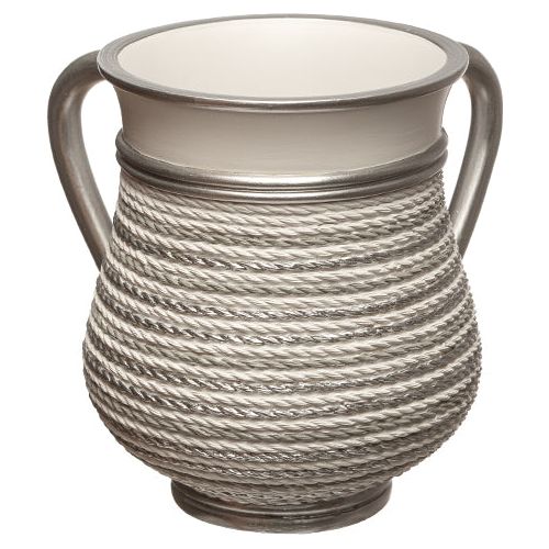 Contemporary Decorative Netilat Yadayim Washing Cup ROPES in Cream & Silver Design Poly Resin 6"
