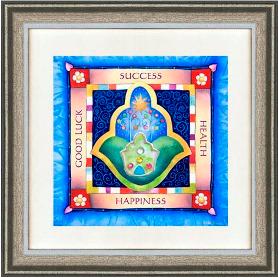Hamsa - Good luck and Success English Script Custom Framed Hand Finished Art Print By Dvora Black