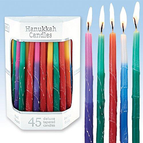 Deluxe Premium Tapered Rainbow Multicolor Frosted Hand Decorated Chanukah Candles Set of 45 Hand Dip