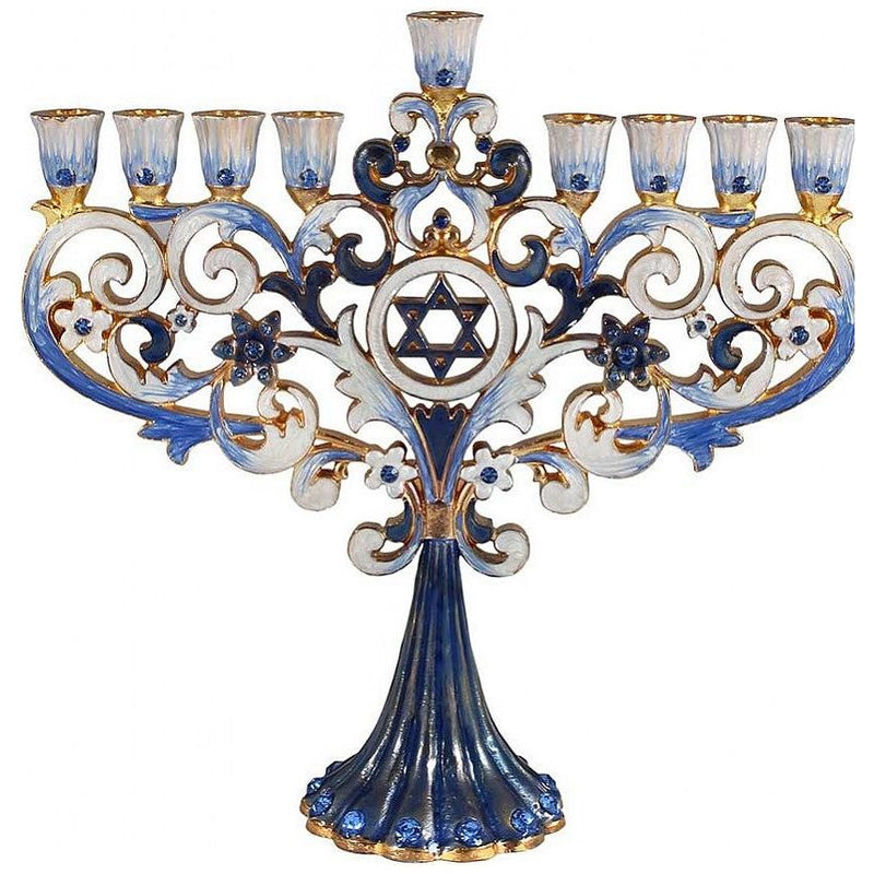 Artistic Jeweled Star of David Floral Design Menorah Fleur De Lis Blues