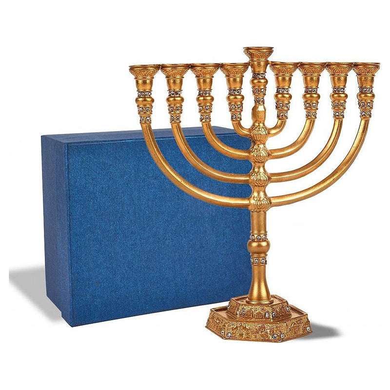 Intricately Detailed in Gold Jeweled Temple Chanukah Menorah in Gift Box