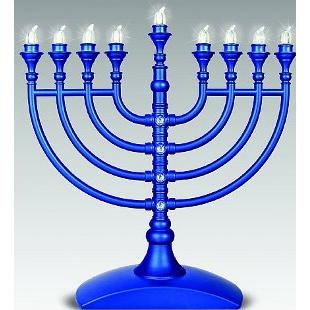 Traditional Blue LED Battery Menorah with Blue Crystal-Flake Finish