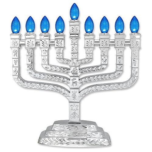Silvertone Knesset Menorah with the Symbols of the Twelve Tribes Blue LED Bulbs USB