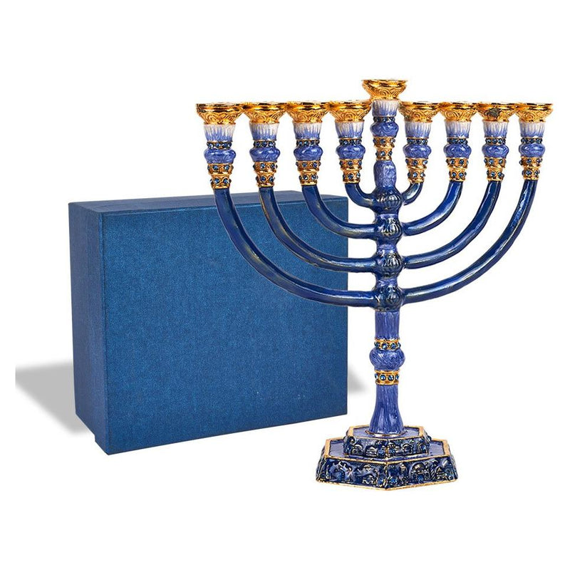 Intricately Detailed in Blue Jeweled Temple Chanukah Menorah in Gift Box