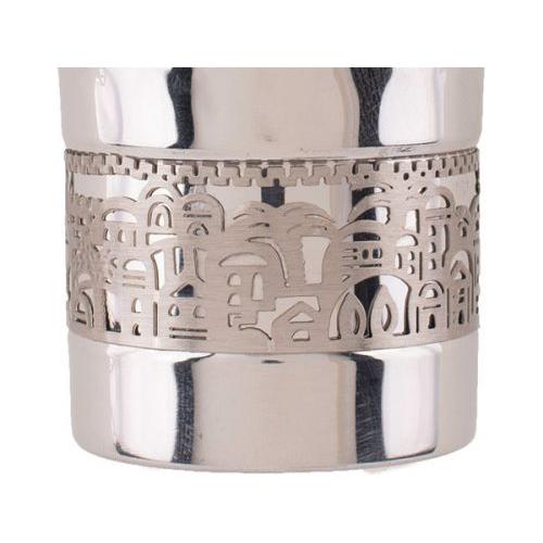 Stainless Steel Hammered Kiddush Cup Becher & Tray Metal Art Cutout Jerusalem by Emanuel