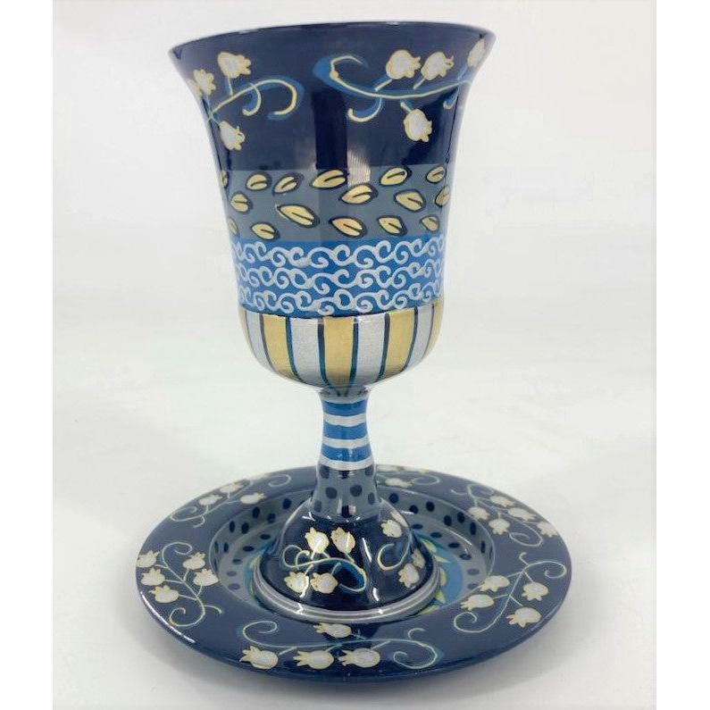 Emanuel Hand Painted Kiddush Cup Set Pomegranate Design in Blue