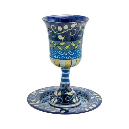 Emanuel Hand Painted Kiddush Cup Set Pomegranate Design in Blue