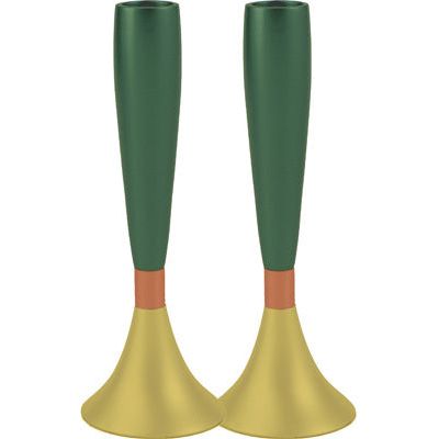 Anodized Aluminum Shabbat Candlesticks 6.5"  Green / Gold By Emanuel
