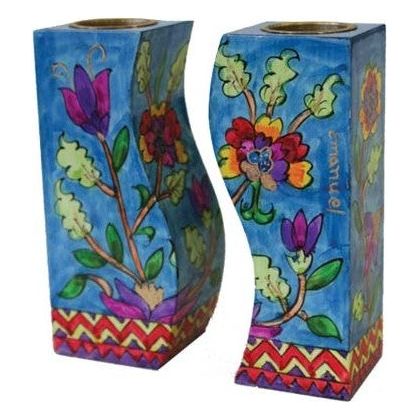 Flowers of Israel Hand Painted Wooden Fitted Shabbat Candlesticks by Yair Emanuel