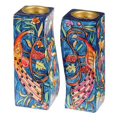 Peacocks Hand Painted Wooden Fitted Shabbat Candlesticks by Yair Emanuel