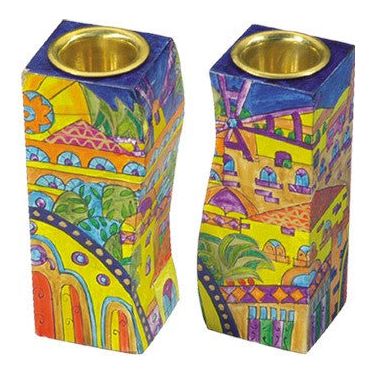 View of Jerusaelem Hand Painted Wooden Fitted Shabbat Candlesticks by Yair Emanuel
