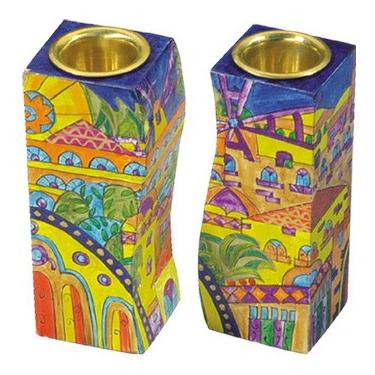 View of Jerusaelem Hand Painted Wooden Fitted Shabbat Candlesticks by Yair Emanuel