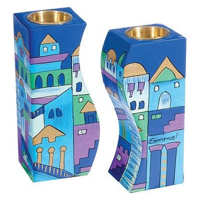 Blue Jerusalem Hand Painted Wooden Fitted Shabbat Candlesticks by Yair Emanuel