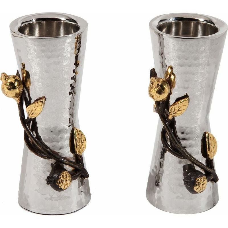 Artistic Small Hammered Metal Shabbat Candlesticks Pomegranate Branch Made in Israel By Emanuel