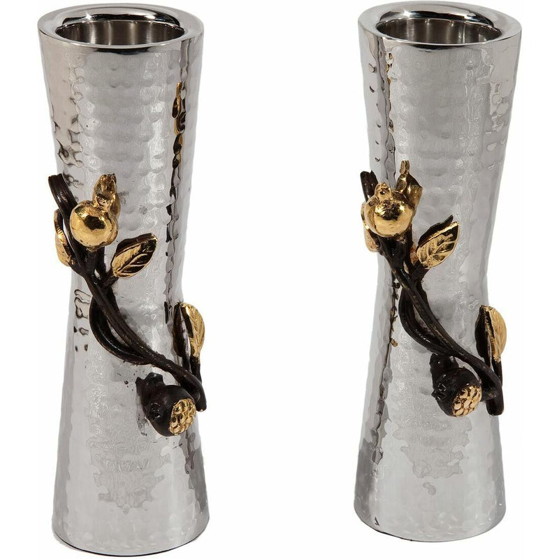 Artistic Large Hammered Metal Shabbat Candlesticks Pomegranate Branch Made in Israel By Emanuel