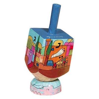 Jerusalem Artistic Small Wooden Dreidel with Base Hand Painted by Yair Emanuel