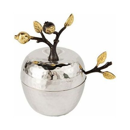 Hammered Metal Apple Shaped Honey Dish , glass insert & Spoon Pomegranate Branch Design By Emanuel