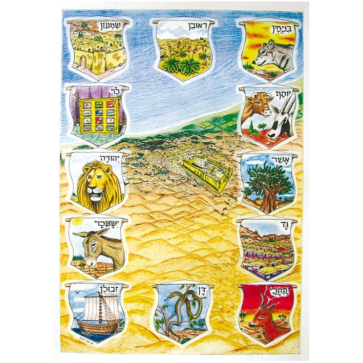 Jewish History Laminated Poster 20" x 28" Shevatim 12 Tribes of Israel Symbols